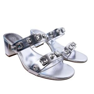 J. CREW Factory New in Box Jewel Heeled Mule Sandals in Silver Size 8.5